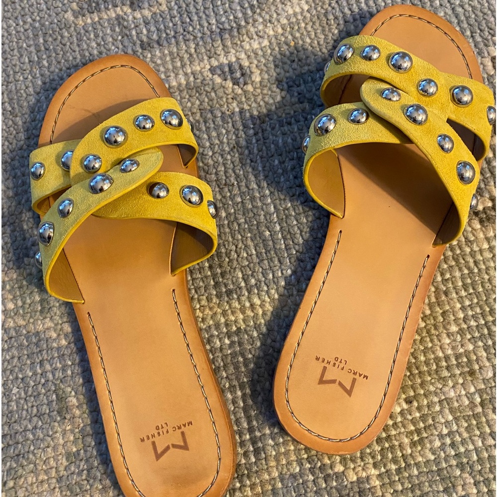 Marc Fisher Paige yellow suede studded slides